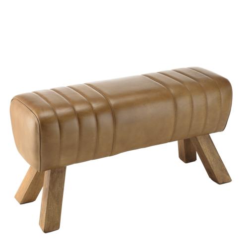 Banc matelassé en cuir marron avec pieds inclinés en bois de manguier MARCEL Marron Macabane  - Chaise design et tabouret design