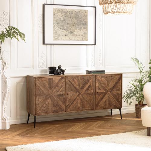 Buffet 3 portes bois recyclé formes symétriques pieds métal KIARA Macabane  - Salon meuble deco macabane