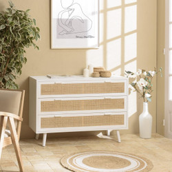 Commode blanche 3 tiroirs cannage naturel