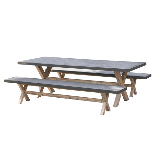 Ensemble Table de Jardin Table rectangulaire en fibre de Ciment et Acacia + 2 bancs - Table de jardin design