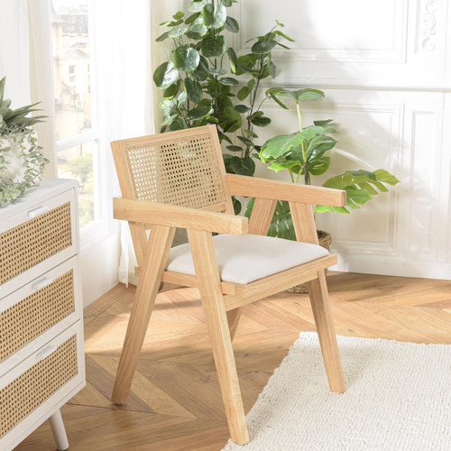 Fauteuil bois d’Hévéa assise tissu blanc dossier rotin naturel AGATHE Macabane  - Pouf et fauteuil design