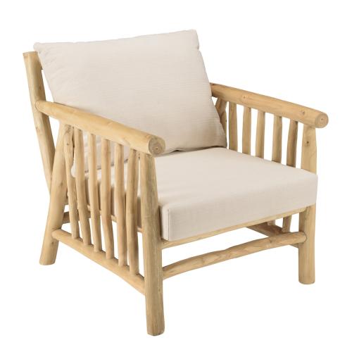 Fauteuil BORNEO en branches de teck naturel coussins blancs WILL Macabane  - Pouf et fauteuil design