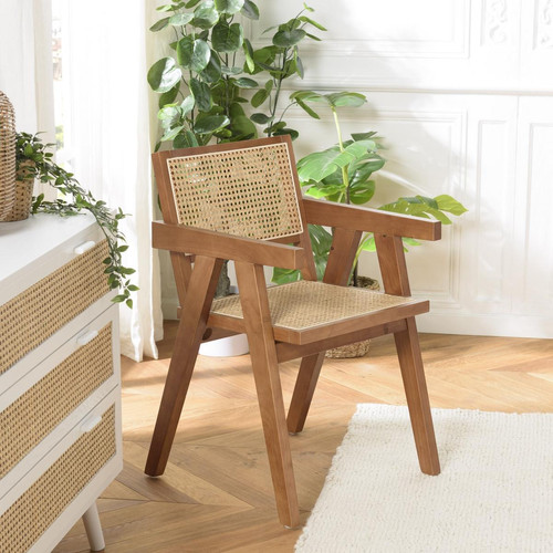 Fauteuil en bois d’Hévéa foncé dossier et assise rotin naturel AGATHE - Macabane - Pouf et fauteuil design