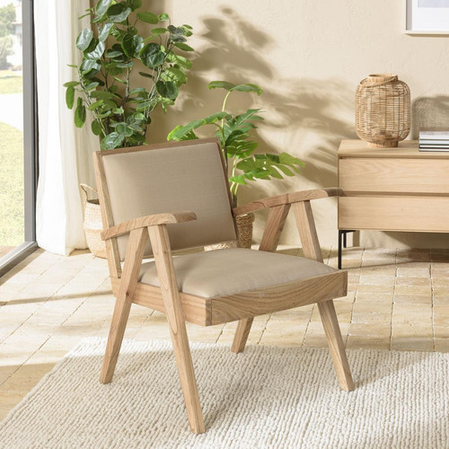 Fauteuil en Mindi, assise en tissu beige texturé  Macabane  - Pouf et fauteuil design
