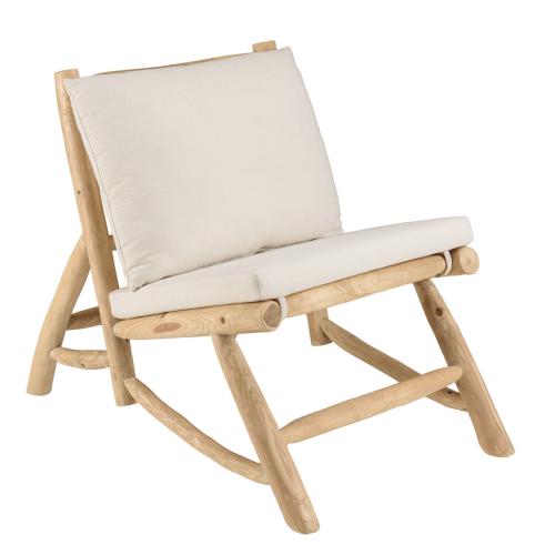 Fauteuil lounge en branches de Teck naturel avec coussin blanc WILL Macabane  - Pouf et fauteuil design
