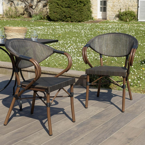 Lot de 2 chaises de jardin bistrot en acier textilène marron VIANNEY