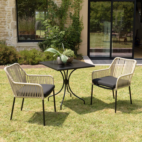 Lot de 2 fauteuils cordage couleur naturelle coussin assise noir MALO Macabane  - Salon de jardin design