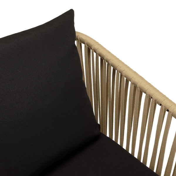 Lot de 6 fauteuils en cordage couleur naturelle coussins noirs MALO