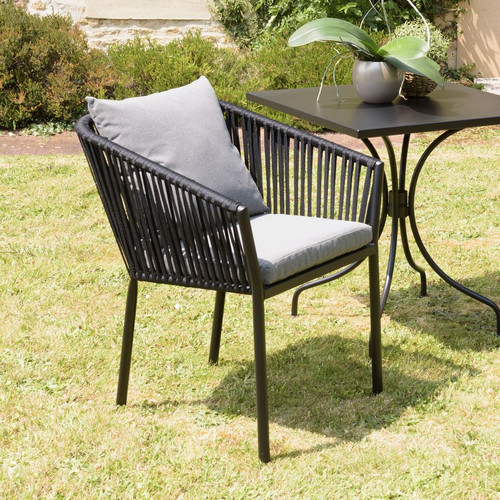 Lot de 6 fauteuils en cordage noir coussins gris anthracite MALO Macabane  - Salon de jardin design