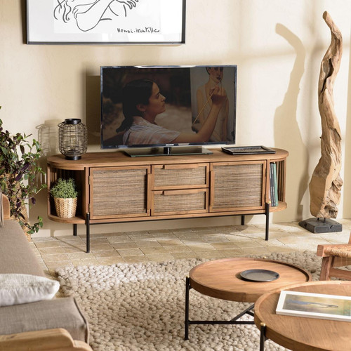 Meuble TV arrondi en bois de teck recyclé 2 portes 2 tiroirs  - Macabane - Salon meuble deco