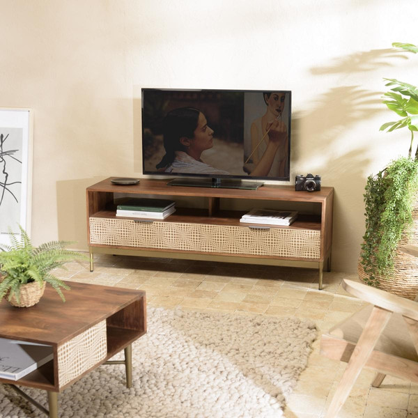 Meuble TV en bois de manguier 2 niches 2 tiroirs ALIX