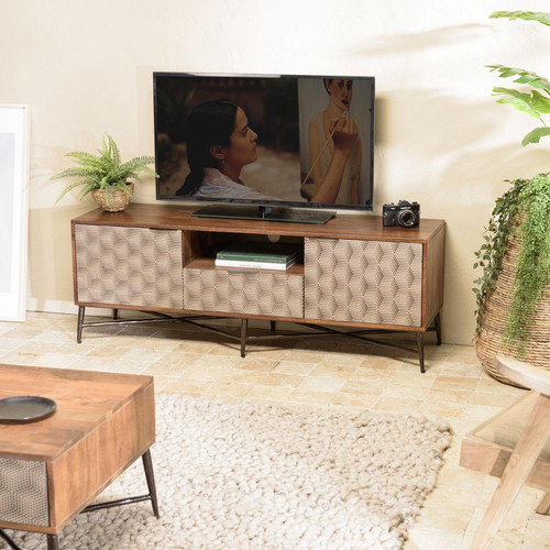 Meuble TV en bois de manguier 2 portes 1 tiroir motifs ethniques ALIX