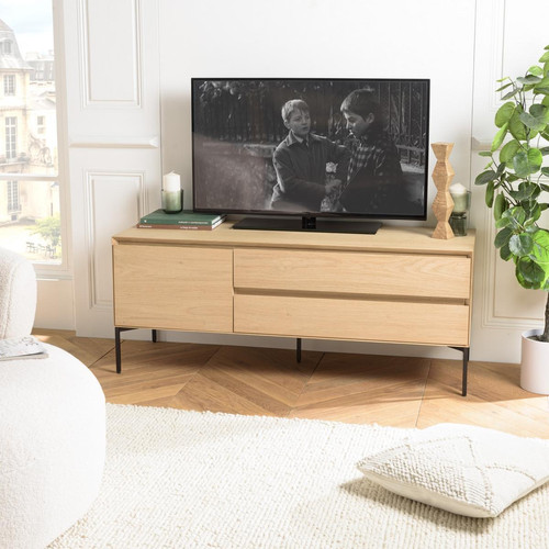 Meuble TV naturel 1 porte 2 tiroirs pieds métal noir MAXENDRE Macabane  - Edition contemporain