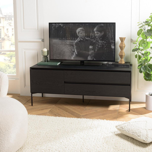 Meuble TV noir 1 porte 2 tiroirs pieds métal noir MAXENDRE Macabane  - Meuble tv design