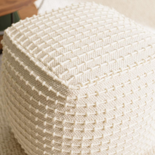 Pouf carré en laine texturée couleur ivoire SACHA