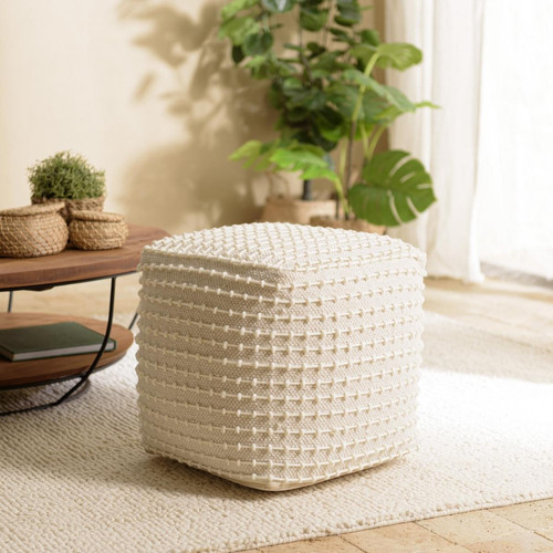 Pouf carré en laine texturée couleur ivoire SACHA - Macabane - Salon meuble deco macabane