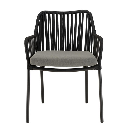 Salon de jardin 2 personnes Table carrée 70x70cm et 2 fauteuils gris et noirs en cordage