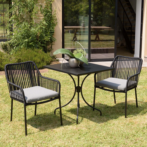 Salon de jardin 2 personnes Table carrée 70x70cm et 2 fauteuils gris et noirs en cordage Macabane  - Macabane jardin meuble deco