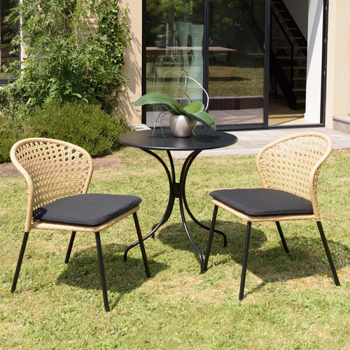 Salon de jardin 2 personnes Table ronde 70x70cm et 2 chaises beiges et noires en rotin synthétique Macabane  - Macabane jardin meuble deco