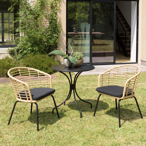 Salon de jardin 2 personnes Table ronde 70x70cm et 2 fauteuils beiges et noires - Macabane - Macabane meubles