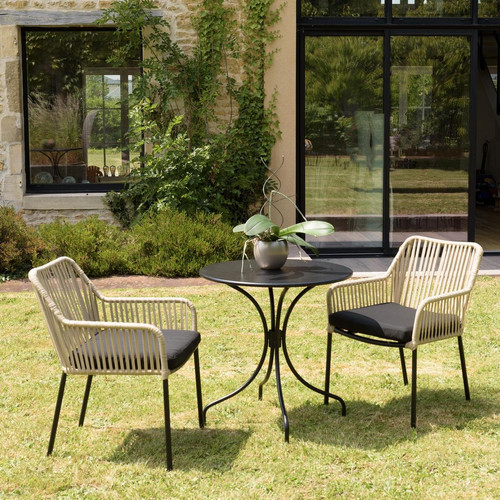 Salon de jardin 2 personnes Table ronde 70x70cm et 2 fauteuils beiges et noirs en cordage Macabane  - Jardin meuble deco