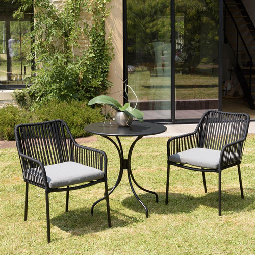 Salon de jardin 2 personnes Table ronde 70x70cm et 2 fauteuils gris et noirs en cordage Macabane  - Macabane jardin meuble deco