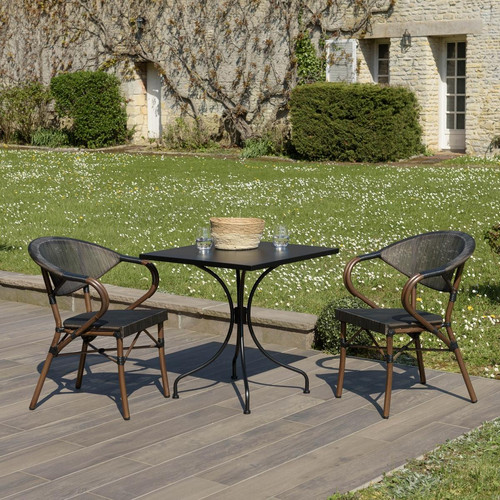 Salon de jardin 2 personnes en acier - 1 table carrée 70x70cm et 2 chaises en textilène marron Macabane  - Jardin meuble deco