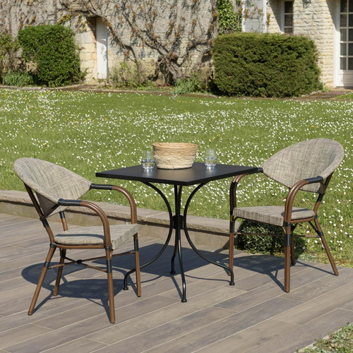 Salon de jardin 2 personnes en acier - 1 table carrée 70x70cm et 2 chaises en textilène Macabane  - Jardin meuble deco
