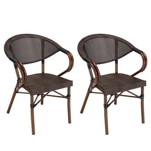 Salon de jardin 2 personnes en acier - 1 table ronde 70x70cm et 2 chaises en textilène marron