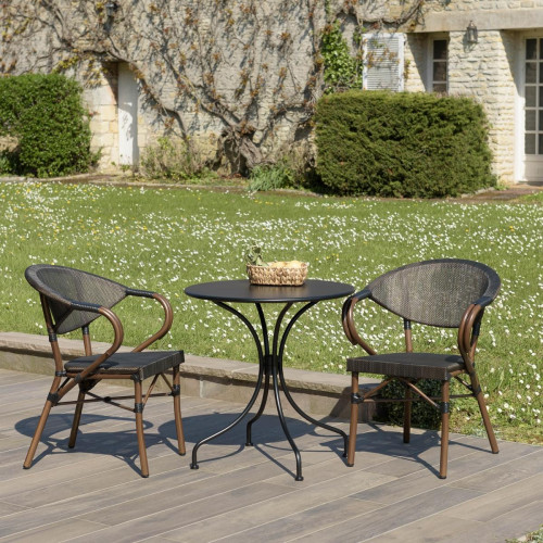 Salon de jardin 2 personnes en acier - 1 table ronde 70x70cm et 2 chaises en textilène marron - Nouveautes deco design