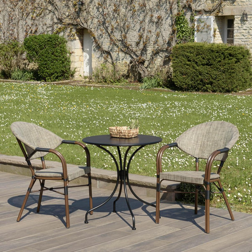 Salon de jardin 2 personnes en acier - 1 table ronde 70x70cm et 2 chaises en textilène