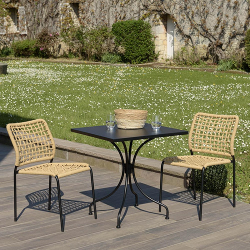 Salon de jardin 2 personnes en acier noir - 1 table carrée 70x70cm et 2 chaises en cordage tressé