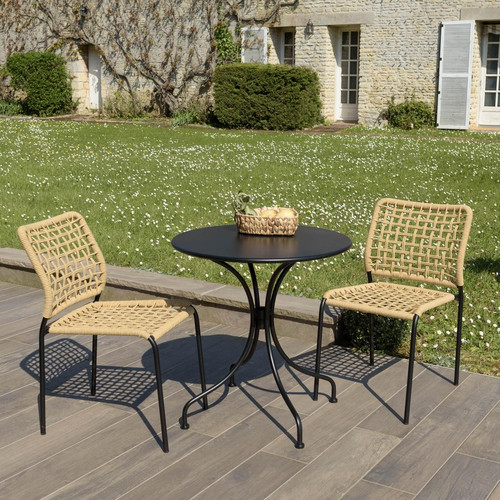 Salon de jardin 2 personnes en acier noir - 1 table ronde 70x70cm et 2 chaises en cordage tressé - Macabane - Macabane meubles