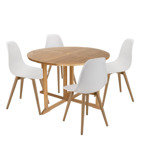 Salon de jardin 4 personnes 1 Table ronde 120x120cm et 4 chaises blanches pieds couleur naturelle