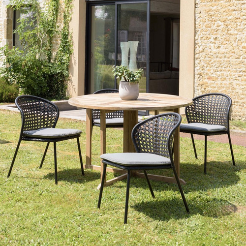 Salon de jardin 4 personnes 1 Table ronde 120x120cm et 4 chaises noires et grises - Macabane - Macabane meubles