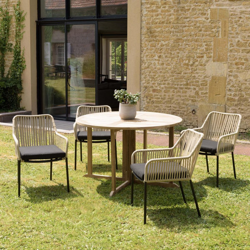 Salon de jardin 4 personnes 1 Table ronde 120x120cm et 4 fauteuils beiges et noirs en cordage - Macabane - Jardin meuble deco