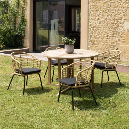 Salon de jardin 4 personnes 1 Table ronde 120x120cm et 4 fauteuils beiges et noirs