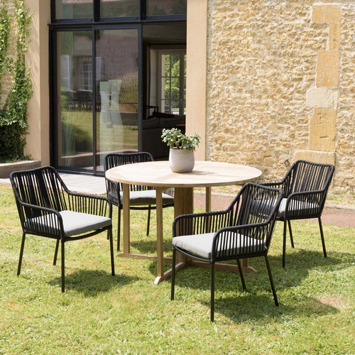 Salon de jardin 4 personnes 1 Table ronde 120x120cm et 4 fauteuils noirs et gris en cordage Macabane  - Macabane jardin meuble deco