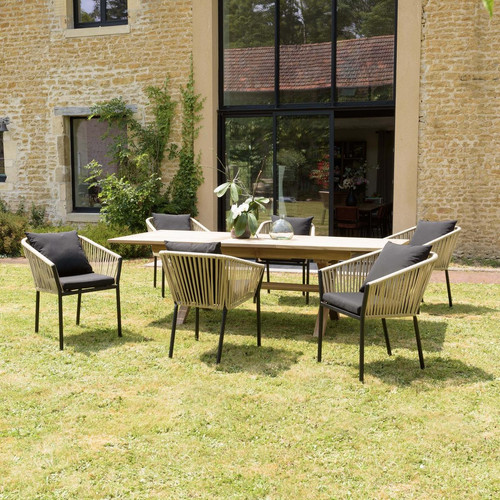 Salon de jardin 6 personnes 1 Table rectangulaire 180x100cm et 6 fauteuils beiges et noirs avec coussin