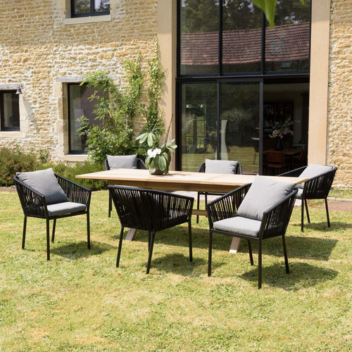 Salon de jardin 6 personnes 1 Table rectangulaire 180x100cm et 6 fauteuils gris et noirs avec coussin Macabane  - Jardin meuble deco