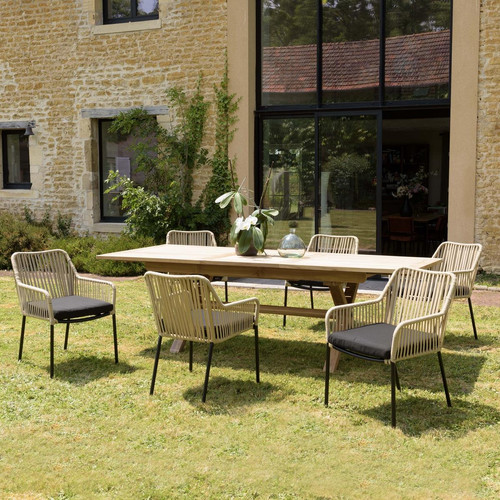 Salon de jardin 6 personnes table rectangulaire et 6 fauteuils en cordage beige et noir Macabane  - Macabane jardin meuble deco