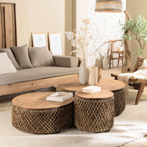 Set de 3 tables basses rondes en tissage de fibre de cocotier  - Macabane - Salon meuble deco