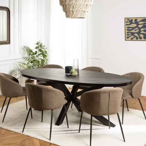 Table à manger ovale plateau noir effet pierre motifs dorés BASILE - Macabane - Table a manger design