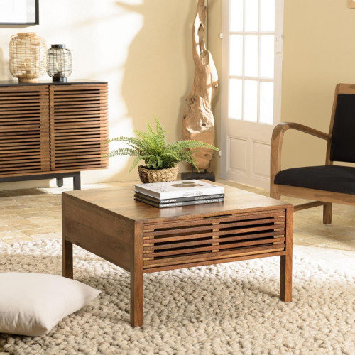 Table basse carrée 70x70cm en bois de manguier 2 tiroirs ajourés ALIX - Macabane - Salon meuble deco