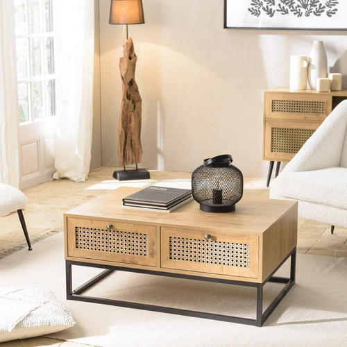 Table basse marron 4 tiroirs effet cannage pieds métal noir  CHARLIE - Macabane - Deco meuble design scandinave