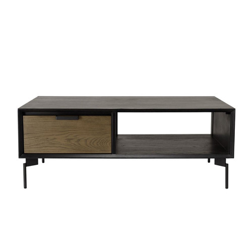 Table basse noire 1 niche 2 tiroirs marron foncé pieds métal ALMA - Macabane - Edition contemporain