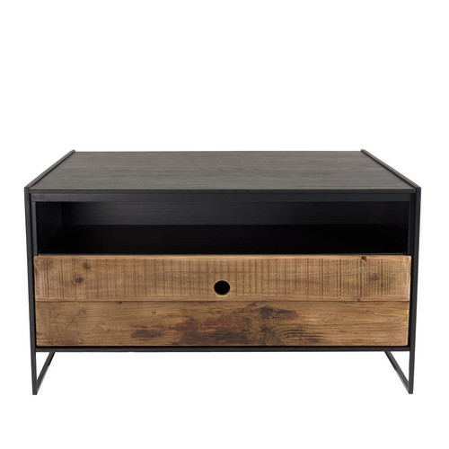 Table basse noire 80x80cm 1 tiroir bois Pin recyclé et métal DANDY