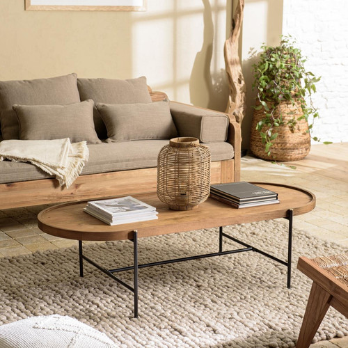 Table basse ovale 140x63cm plateau en bois de teck recyclé Macabane  - Salon meuble deco macabane