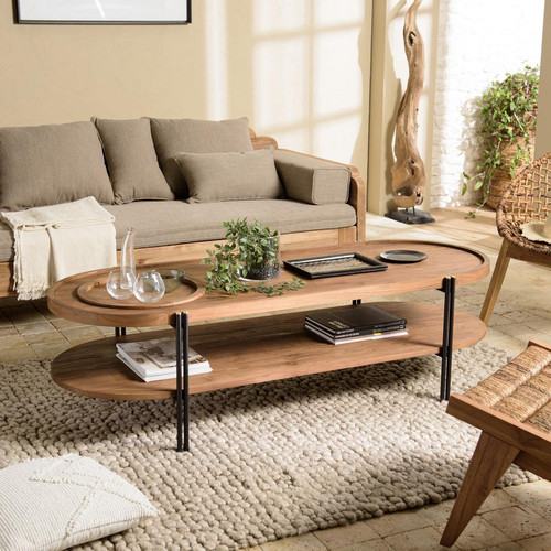 Table basse ovale 2 niveaux plateau amovible - Macabane - Salon meuble deco