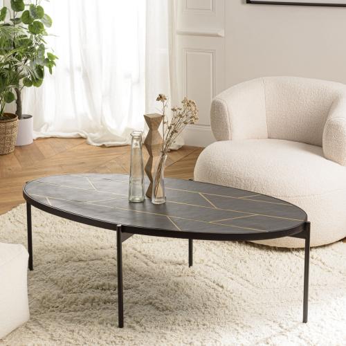 Table basse ovale plateau effet pierre motifs dorés BASILE Macabane  - Table basse noir design